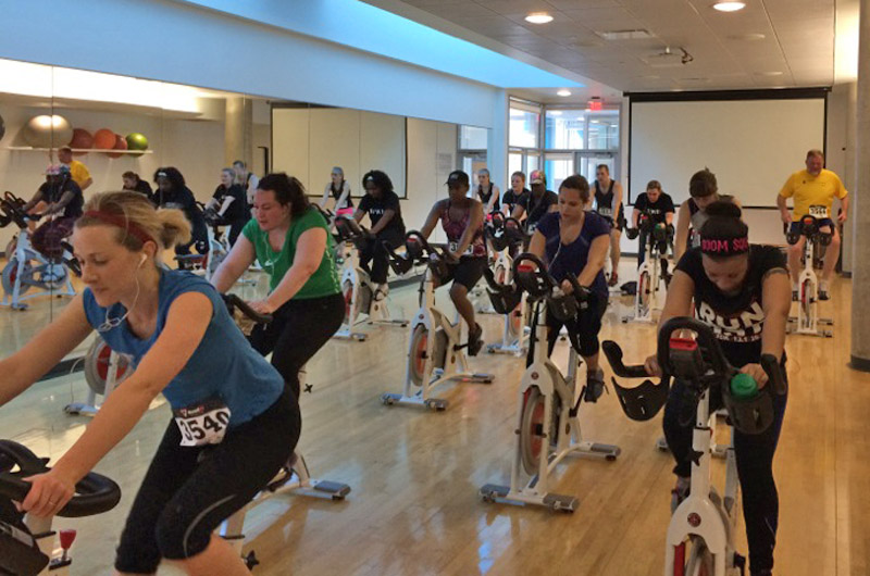 Participants in last year's Indoor Triathlon/Duathlon during the cycling portion.